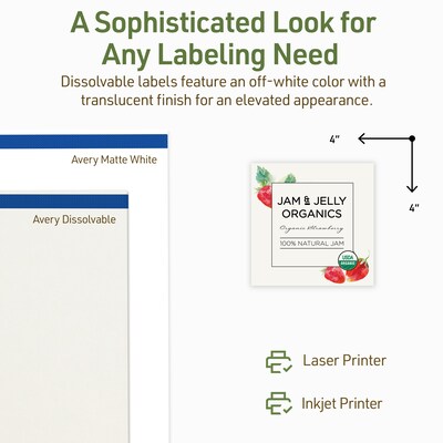 Avery Dissolvable Square Multipurpose Labels, 4" x 4", Off-white, 100/Pack (94100)