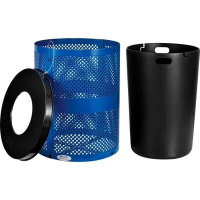 Global Industrial Outdoor Perforated Steel Trash Can w/ Flat Lid, 36 Gallon, Blue (261925BL)