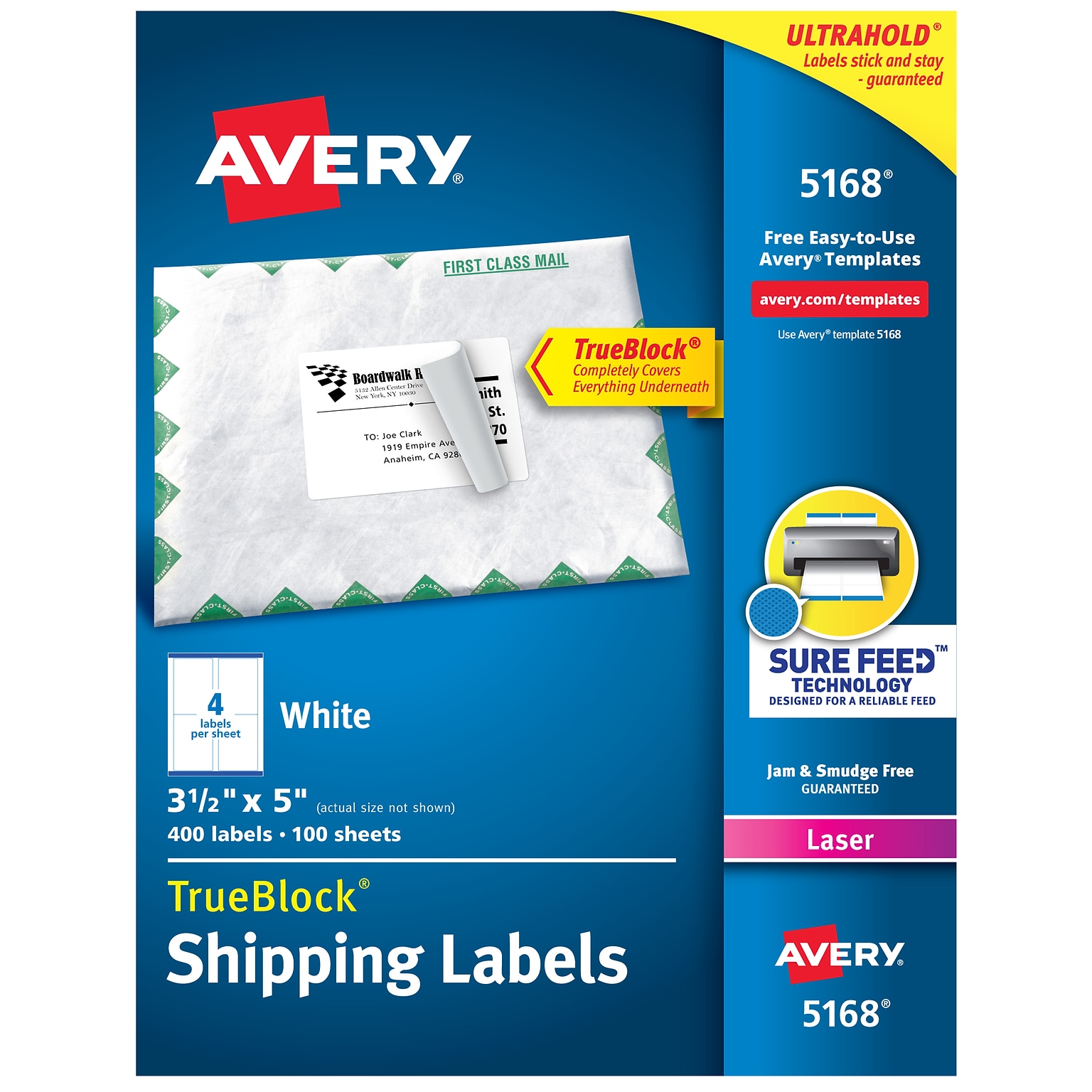 Avery TrueBlock Laser Shipping Labels, 3-1/2 x 5, White, 4 Labels/Sheet, 100 Sheets/Box (5168)