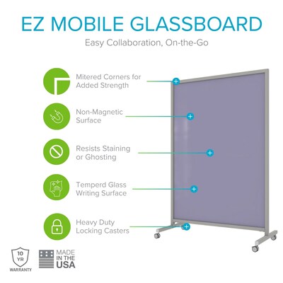 Ghent EZ Glass Mobile Dry-Erase Whiteboard, Aluminum Frame, 75H x 62W, Grape (EZ1NA7562GP)