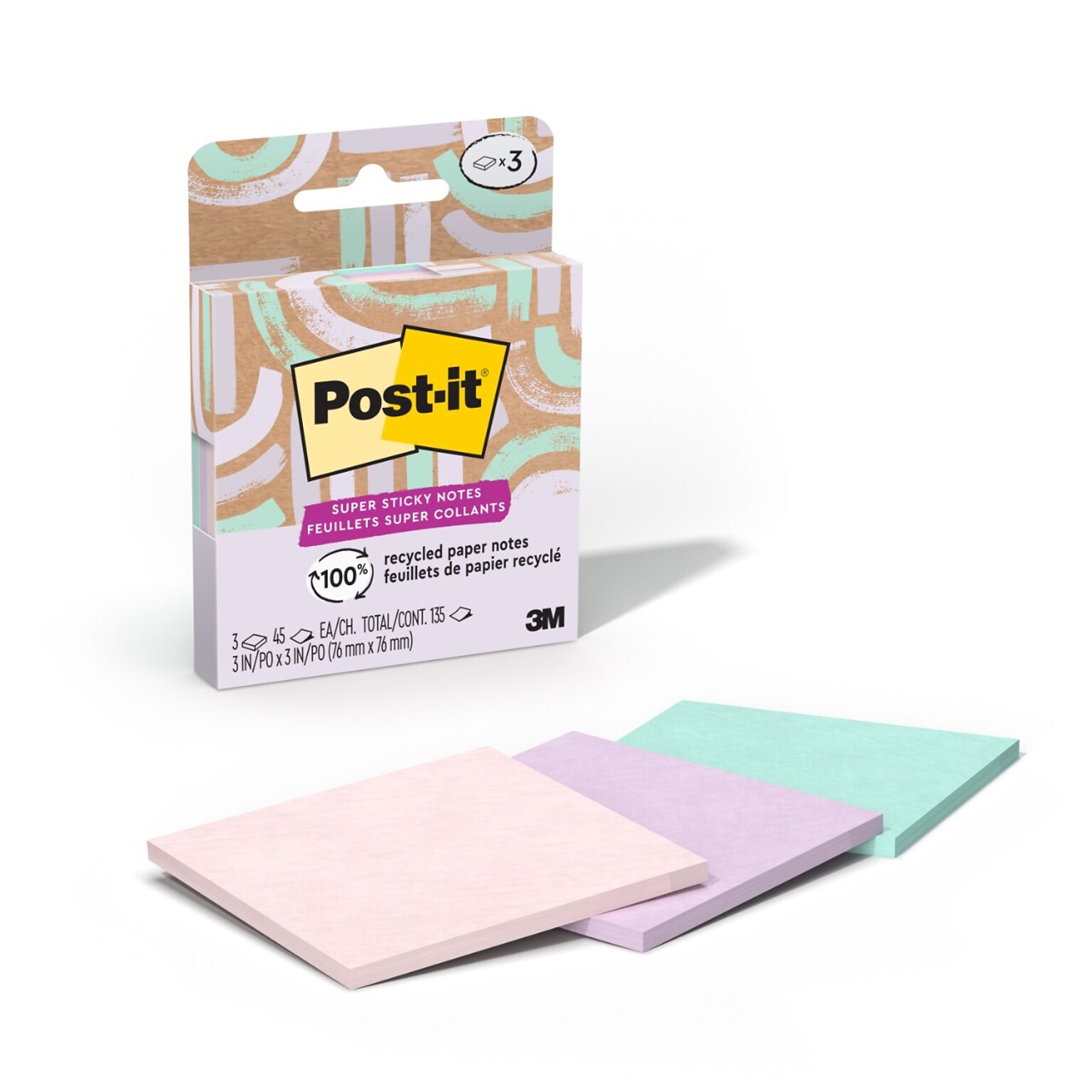 Post-it Super Sticky Notes, 3 x 3, Wanderlust Pastels Collection, 45 Sheet/Pad, 3 Pads/Pack (654R-3SSNPR)