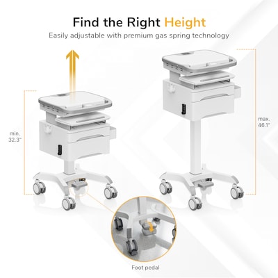 Mount-It! MedHub Height-Adjustable Medical Cart with 2 Lockable Drawers, Power Strip and Locking Casters, White/Grey (MI-16037)