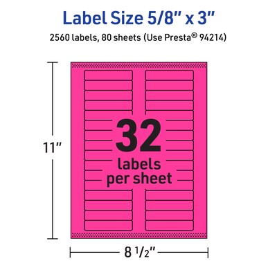 Avery Laser/Inkjet Rectangle Multipurpose Labels, 5/8" x 3", Neon Magenta, 2560/Box (94214)
