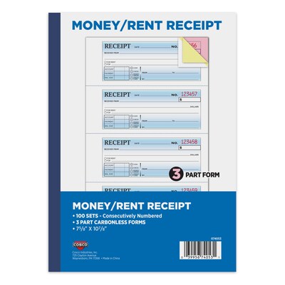 Cosco 3-Part Carbonless Receipts, 7.625 x 10.875, 100 Sets/Book (074053)