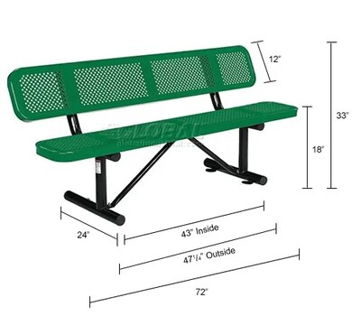 Global Industrial 6' Outdoor Steel Picnic Bench w/ Backrest, Perforated Metal, Green (694557GN)