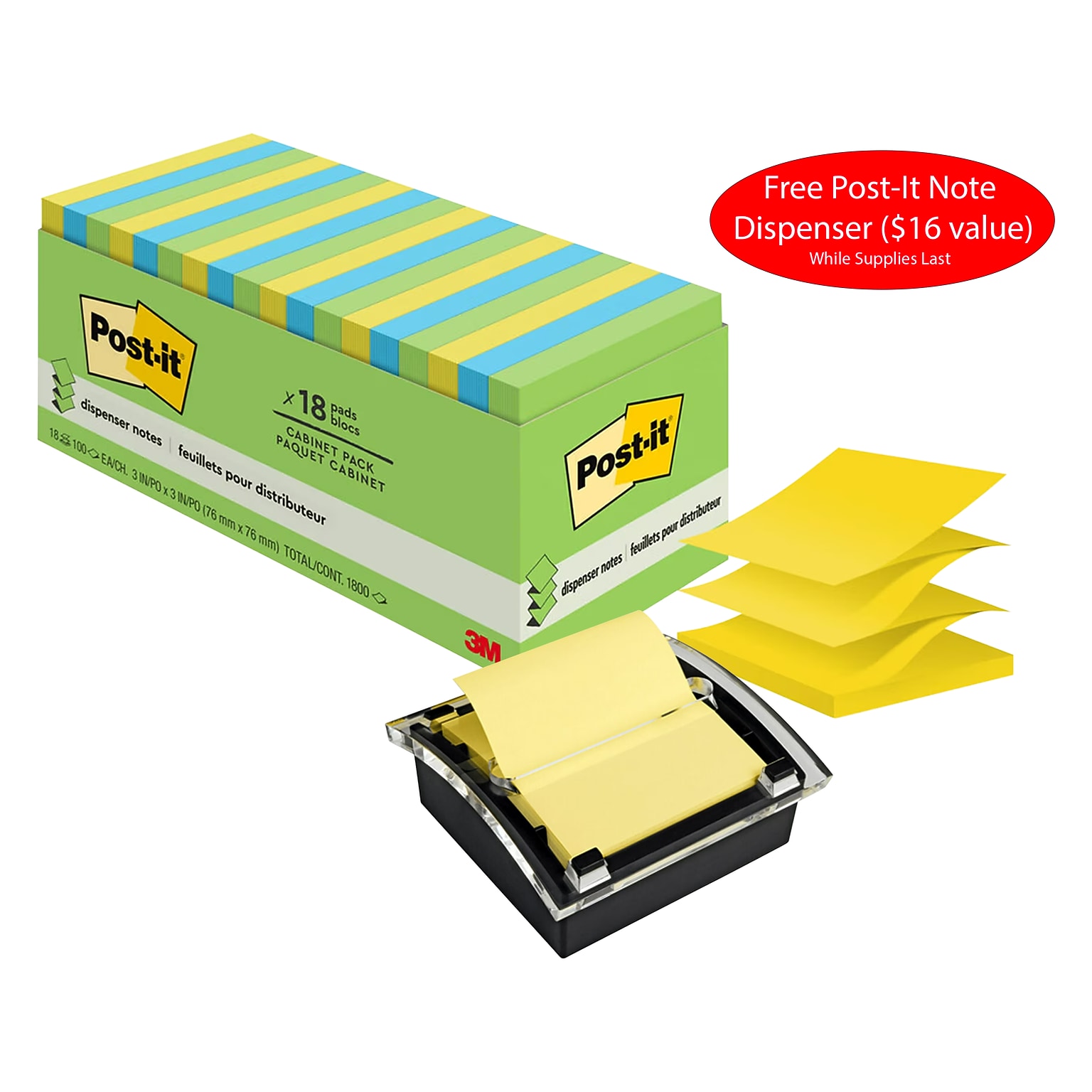 Free Post-It Note Dispenser ($16 value) w/Purchase, 3 x 3 Pop Up Sticky Notes, Floral Collection, 100 Sheet/Pad, 18 Pads/Pack