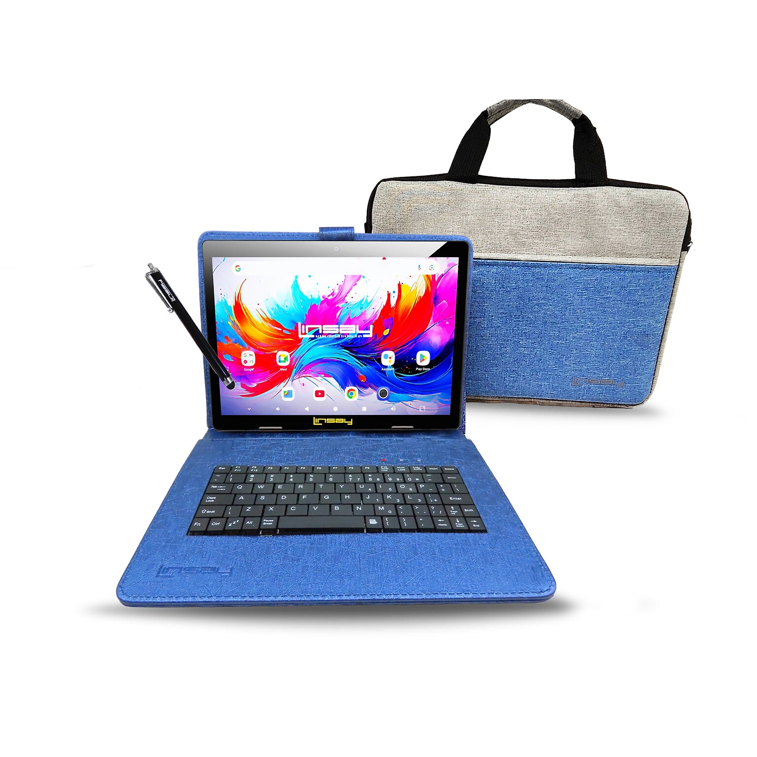 Linsay F10 Series 10.1 Tablet, Wi-Fi, Octa Core, 256GB eMMC, Android 15, with Blue Unique Oracle Keyboard Case & Briefcase