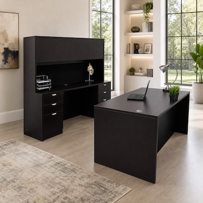 Boss Office Products 66" Desk and Credenza with Hutch and 2 File Pedestals, Mocha (GROUPA16-MOC)