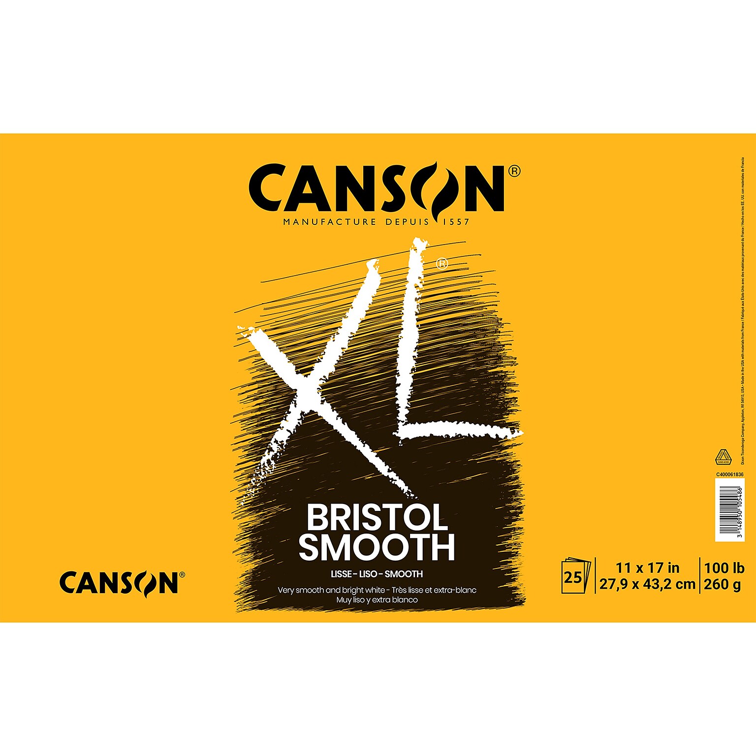Canson XL Series 11 x 17 Bristol Sketch Pad, 25 Sheets/Pad (MCXC400061836)