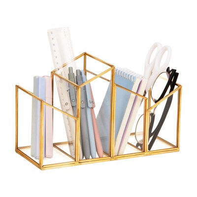 Mind Reader 4-Compartment Glass Pen Holder, Gold (MENO-GLD)