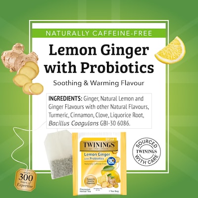 Twinings Decaf Probiotic Lemon & Ginger Herbal Tea Bags, 18/Box (TNA95223)