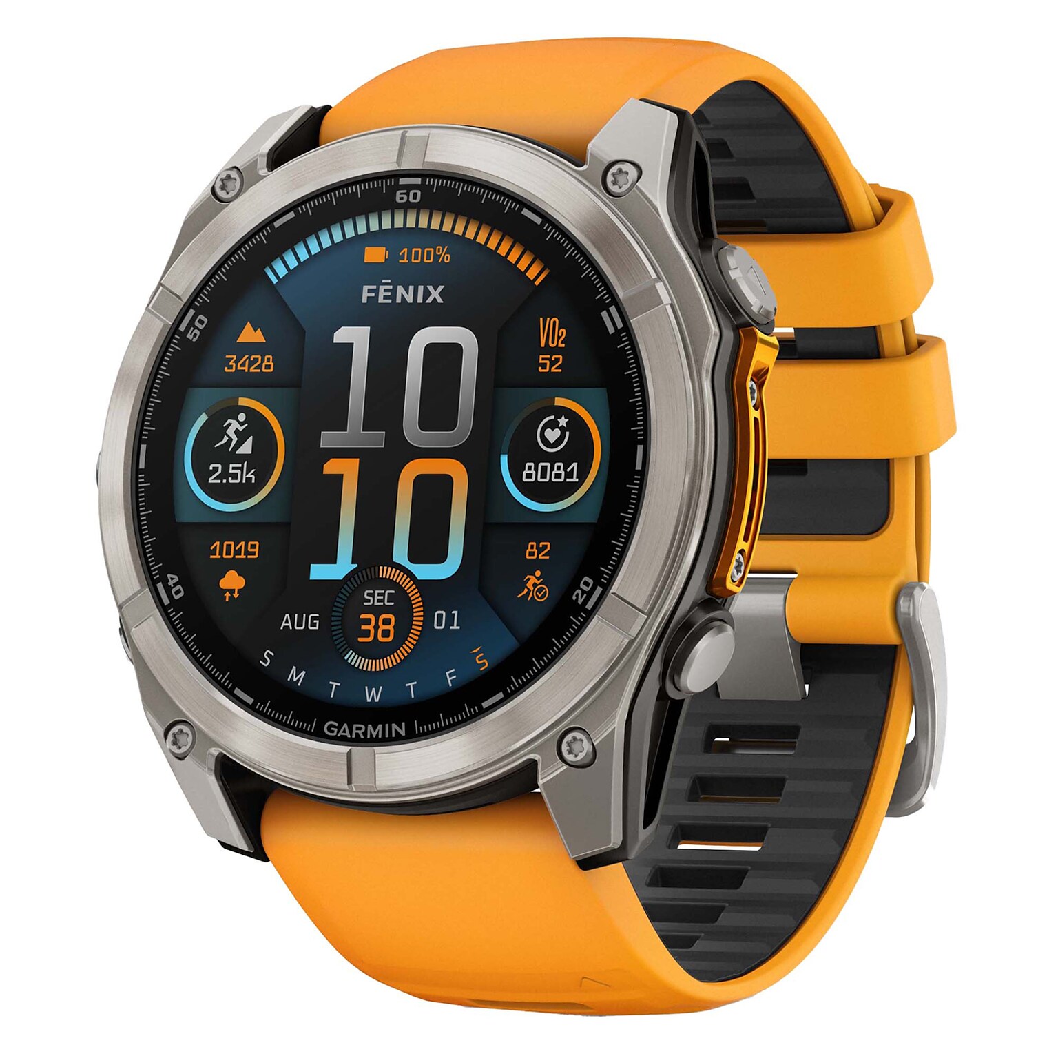 Garmin fenix 8 AMOLED Multisport GPS Watch, 51-mm, Titanium Stainless Steel Bezel with Orange/Graphite Band (010-02905-10)