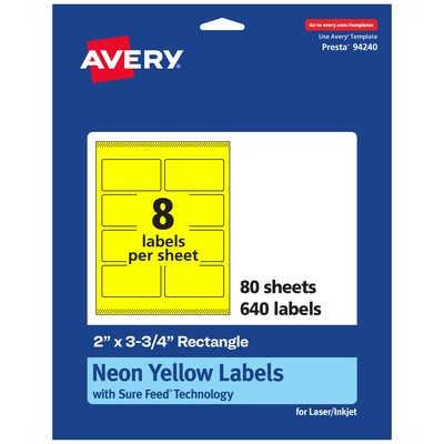 Avery Rectangle Laser/Inkjet Multipurpose Labels, 2 x 3.75, Neon Yellow (640/Box)