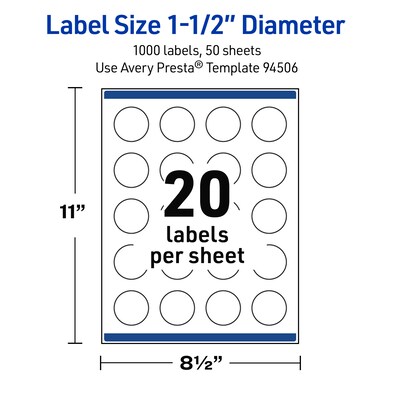 Avery Round Laser Multipurpose Labels, 1.5" Dia., White, 1000/Box (19479399426)