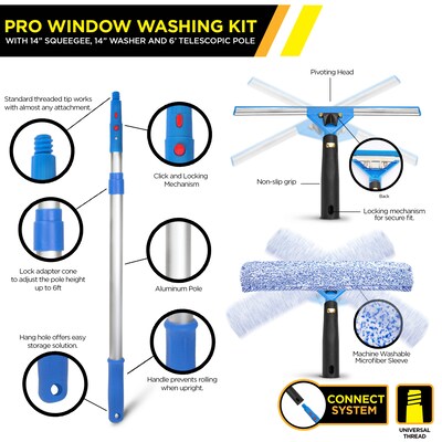 Gritt Commercial Pro Telescoping 14" Window Cleaning Squeegee Kit, Blue/Silver, 3 Piece/Kit ( GRI137-6F-14)