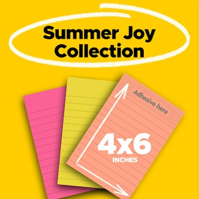 Post-it Super Sticky Notes, 4 x 6, Summer Joy Collection, Lined, 90 Sheets/Pad, 3 Pads/Pack (660-3