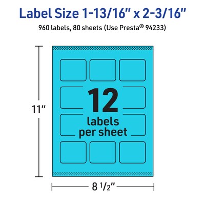 Avery Rectangle Multipurpose Labels, 1-13/16" x 2-3/16", Bright Blue, 960/Box (94233)