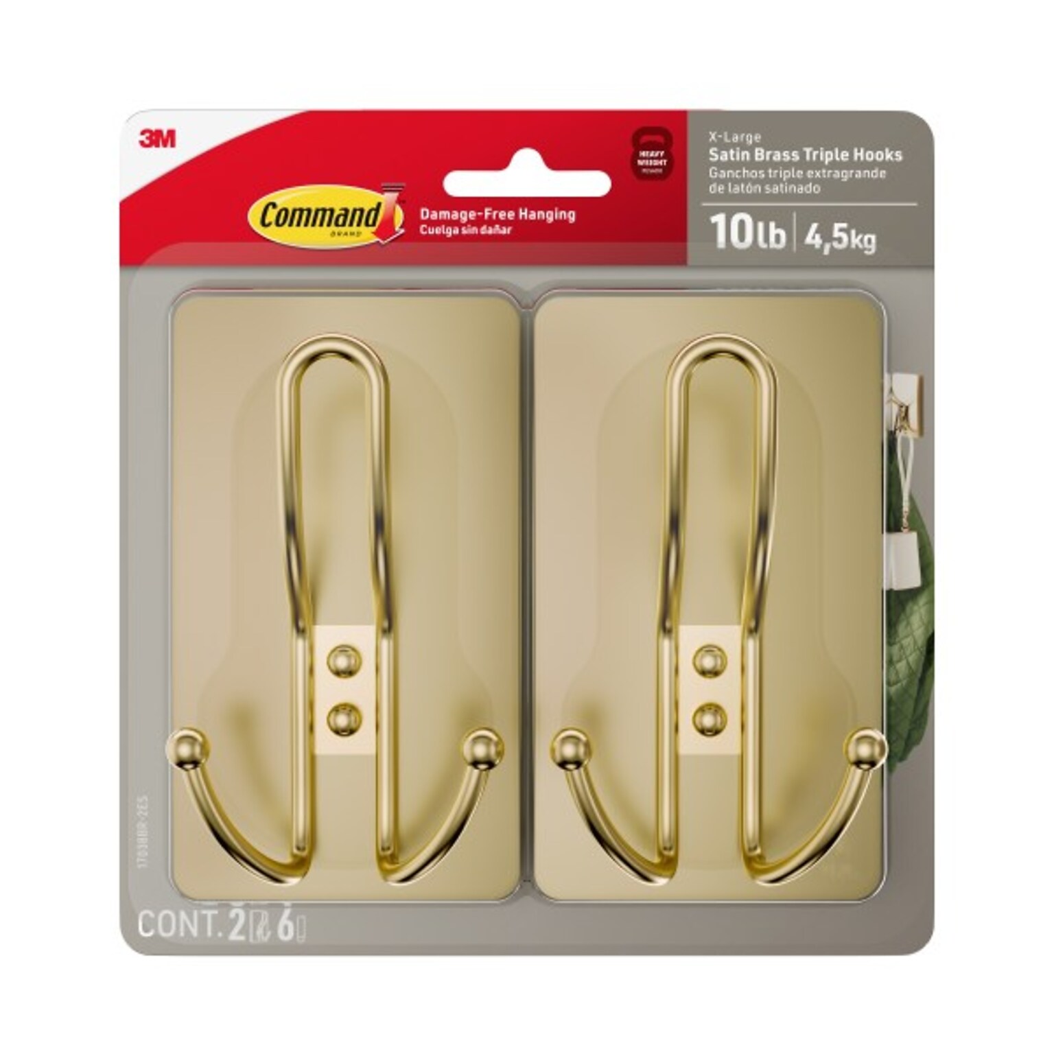 Command Extra Large Decorative Hook, Satin Brass, 2/Pack (17038BR-2ES)