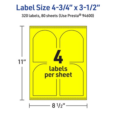 Avery Arched Laser/Inkjet Multipurpose Labels, 4.75" x 3.5", Neon Yellow (320/Box)