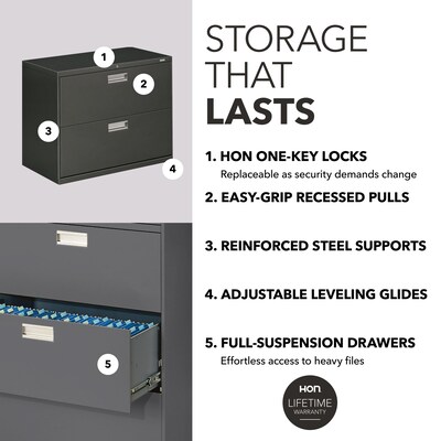 HON Brigade 600 Series Lateral File Cabinet, A4/Legal/Letter, 2-Drawer, Charcoal, 36"W