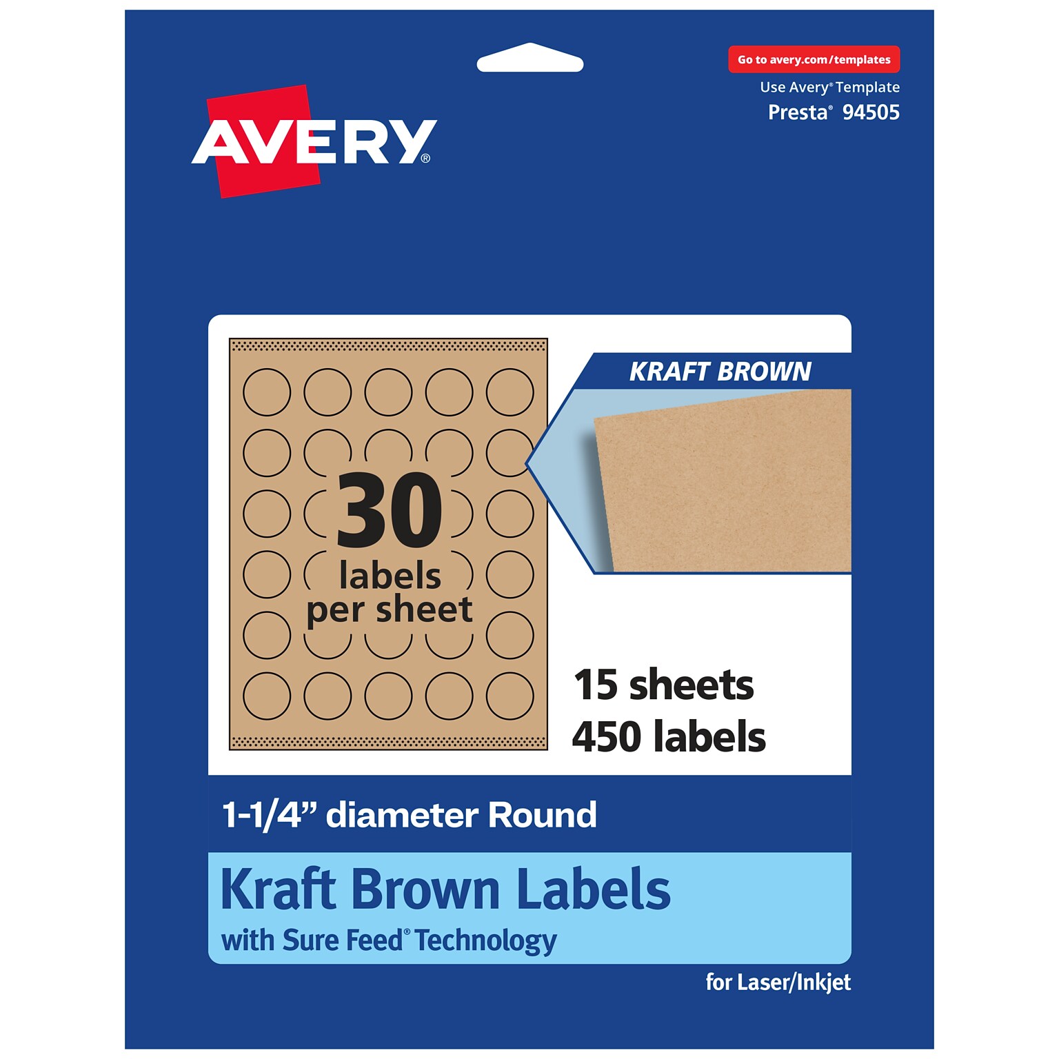 Avery Laser/Inkjet Multipurpose Circle Labels, 1.25 Dia, Kraft Brown, 450/Pack (94505)