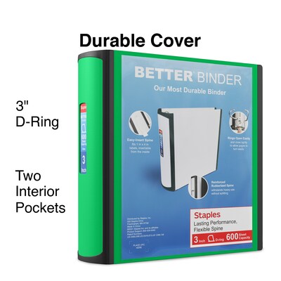 Staples® Better 3" 3 Ring View Binder with D-Rings, Green (19936)