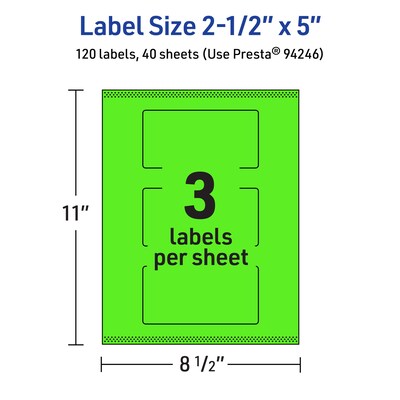 Avery Rectangle Multipurpose Labels, 2.5" x 5", Neon Green, 120/Pack (94246)