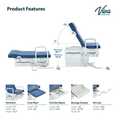 Viva Comfort Pointe Power Electric Pelvic Tilt Exam Table w/Stirrups, Knee Crutches, Hand Rails, 396lbs. Capacity, Blue