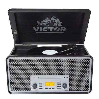 Victor Monument Dual-Bluetooth Belt-Drive 8-in-1 Music Center with Turntable, CD & Cassette Player, Graphite (VWRP-5000-GR)