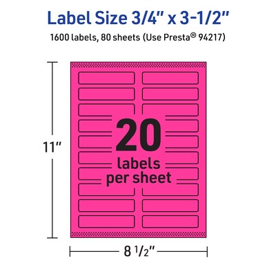 Avery Laser/Inkjet Rectangle Multipurpose Labels, 0.75" x 3.5", Neon Magenta, 1600/Box (94217)