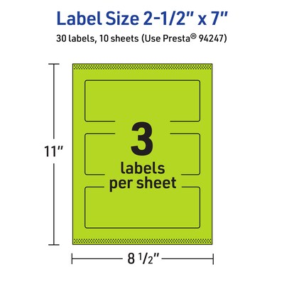 Avery Printable Rectangle Multipurpose Labels, 2.5" x 7", Bright Green, 30/Pack (94247)