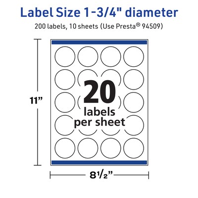 Avery TrueBlock Laser/Inkjet Round Multipurpose Labels, 1.75" Dia., White, 200 Labels/Pack (94509)