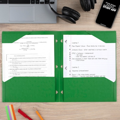 Five Star Stay Put  3-Hole Punched 2 Pocket Plastic Folder, Retro Green (333420E-ECM26)