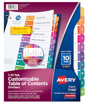 Avery Ready Index Table of Contents Paper Dividers, 1-10 Tabs, Multicolor, 6 Sets/Pack (11188)