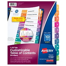 Avery Ready Index Table of Contents Paper Dividers, 1-10 Tabs, Multicolor, 6 Sets/Pack (11188)