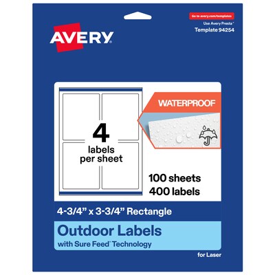 Avery Waterproof Rectangle Laser Multipurpose Labels, 4.75 x 3.75, White, 400/Box (19479399359)