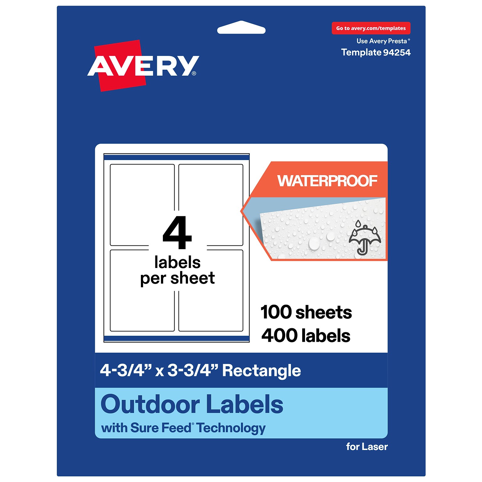 Avery Waterproof Rectangle Laser Multipurpose Labels, 4.75 x 3.75, White, 400/Box (19479399359)