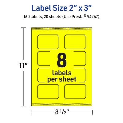 Avery Laser/Inkjet Rectangle Scalloped Multipurpose Labels, 2" x 3", Neon Yellow, 160/Pack (94267)