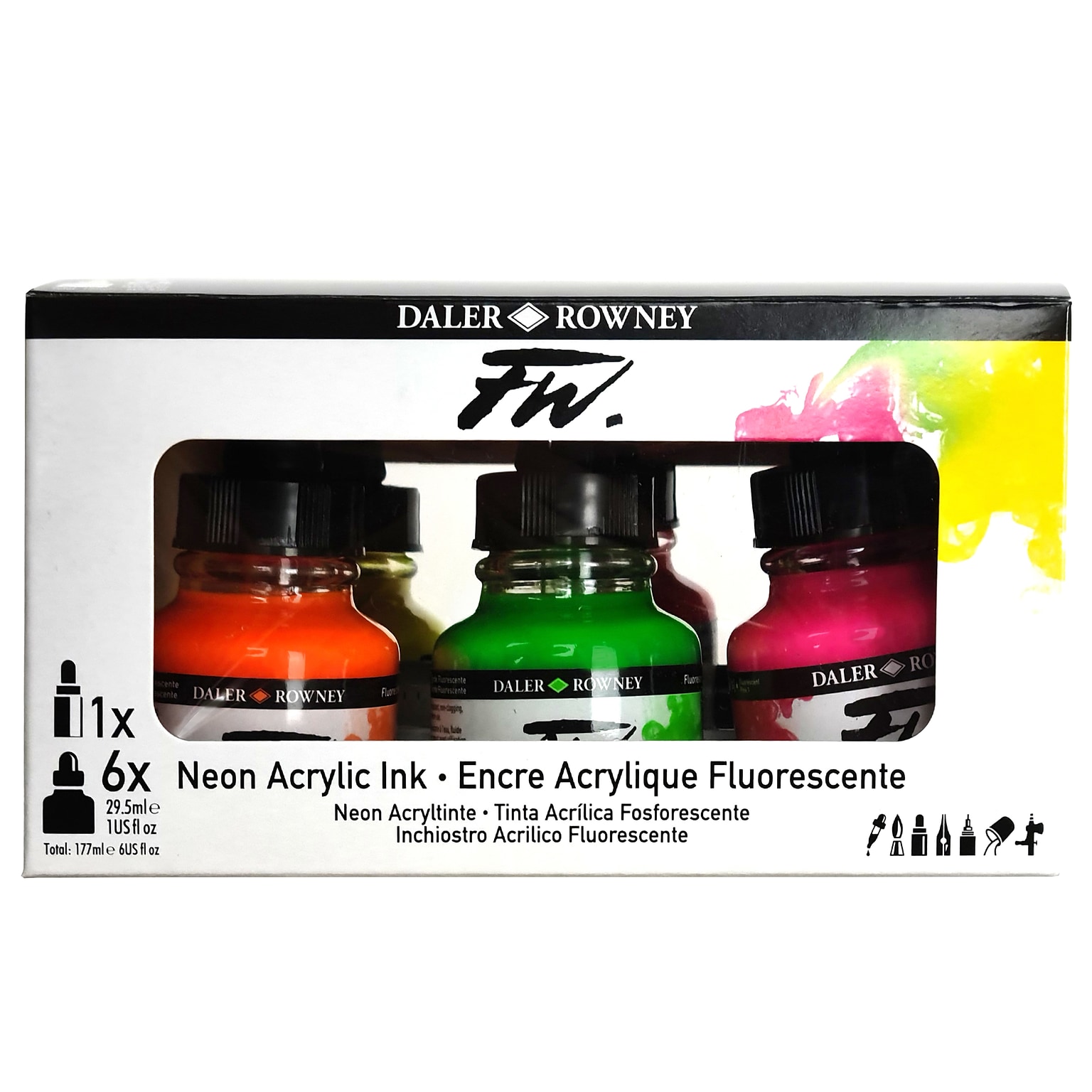 Daler-Rowney FW Acrylic Ink, Assorted Colors, 29.5ml, 6/Set (DRW160329007)