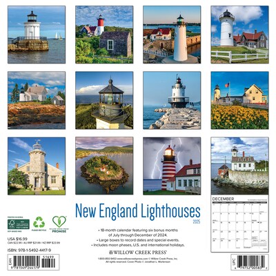 2025 Willow Creek New England Lighthouses 12 x 12 Monthly Wall Calendar (44179)