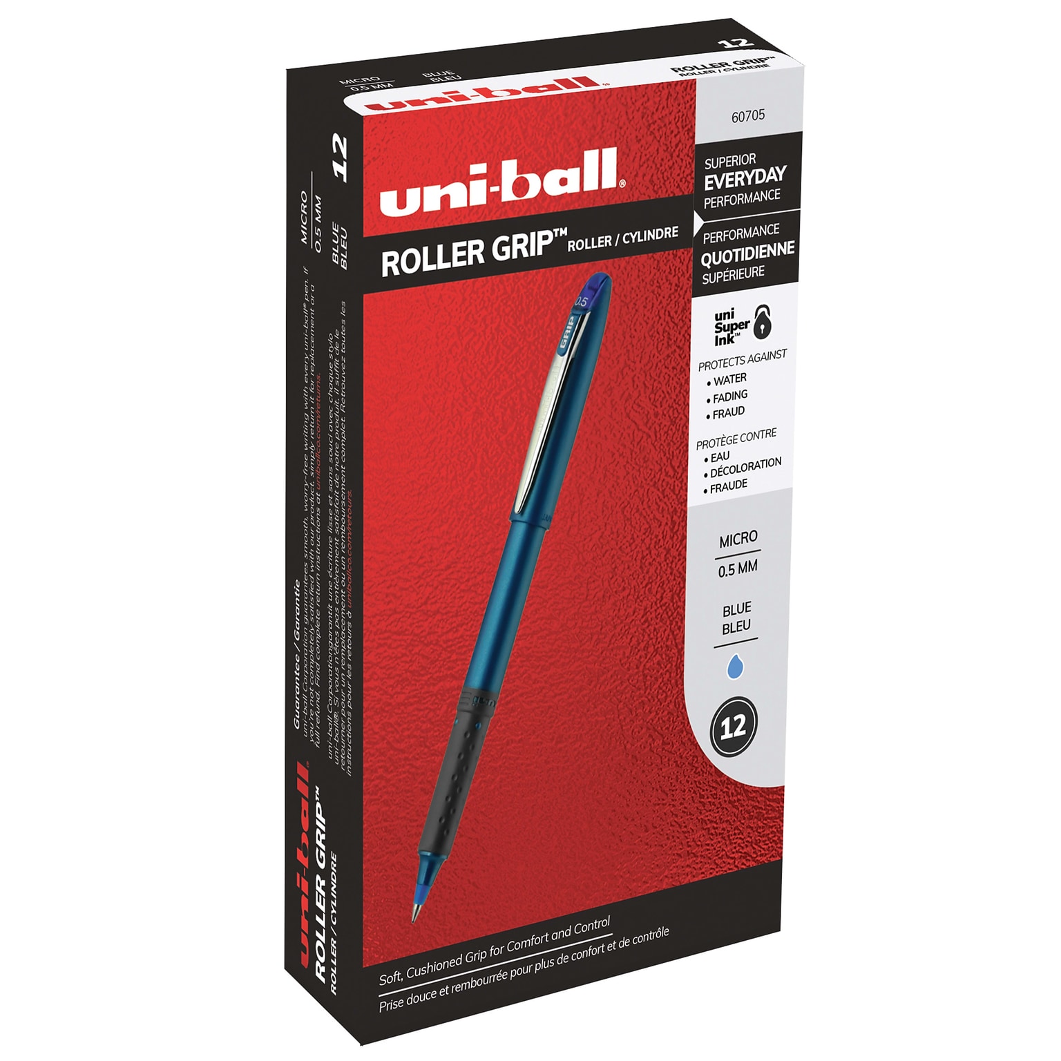 uniball Roller Grip Pen, Micro Point, 0.5mm, Blue Ink, Dozen (60705)