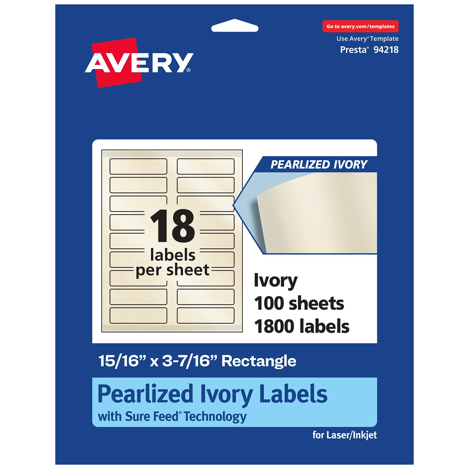 Avery Pearlized Ivory Rectangle Multipurpose Labels, 15/16 x 3-7/16, Ivory, 1800/Box (94218)