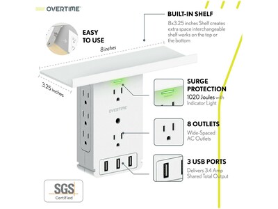 Overtime Wall Outlet Shelf, 8 Outlets and 3 USB Ports, Surge Protector, White (OTWP8O3USB)