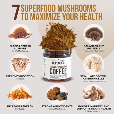 La Republica Organic Instant Superfood Mushroom Coffee, Fair Trade Arabica Coffee, Medium Roast, 35 Servings (LARR-OMIC)