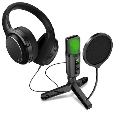 Delton M101 RGB Condenser Microphone and ANC Bluetooth Computer Headphones Podcast & Recording Kit, Black (DRU3000BD1)