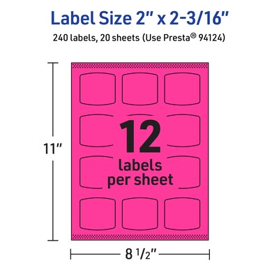 Avery Laser/Inkjet Arched Square Multipurpose Labels, 2" x 2-3/16", Neon Magenta, 240/Pack (94124)