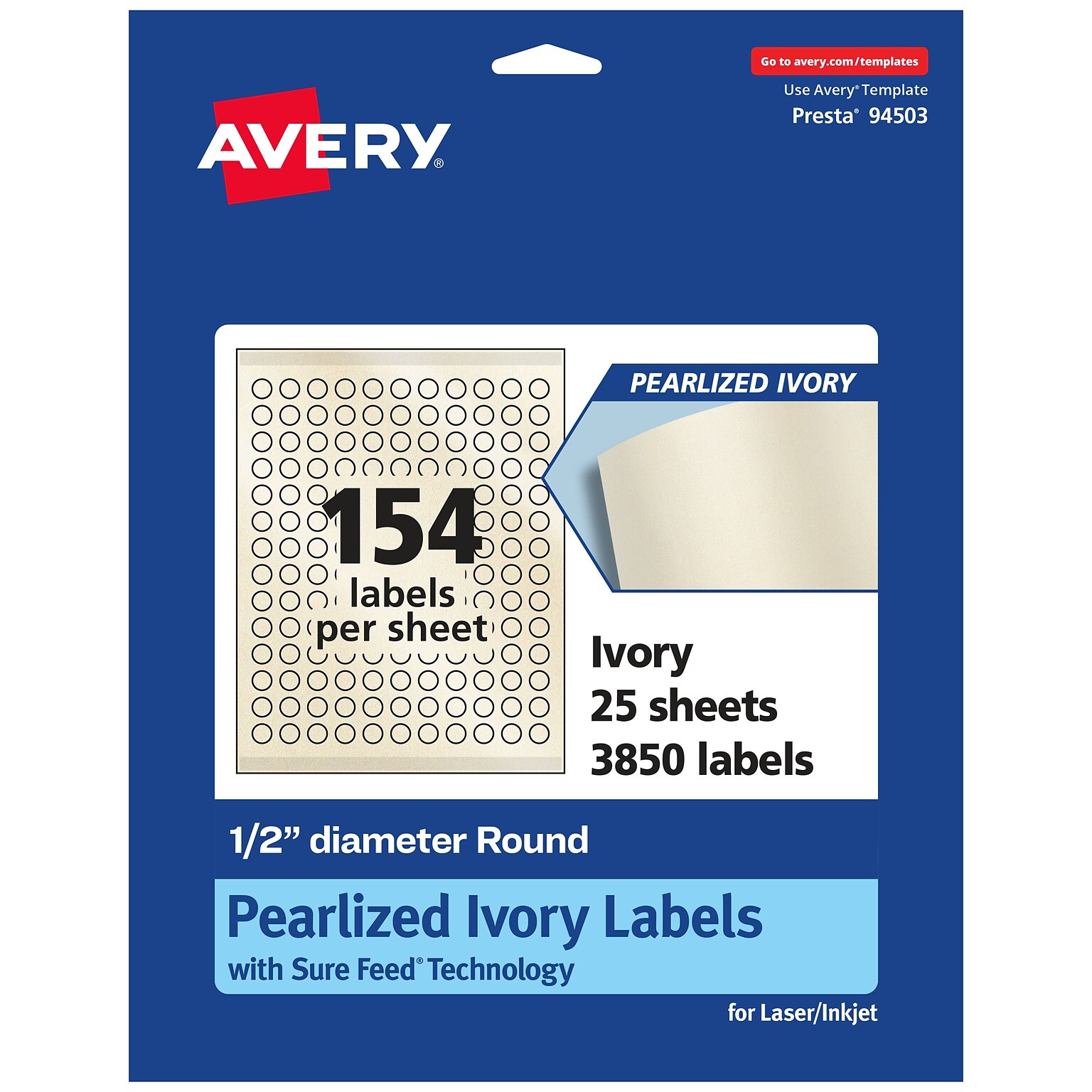 Avery Laser/Inkjet Round Multipurpose Labels, 0.5 Dia., Ivory, 3,850 Labels/Pack (94503)