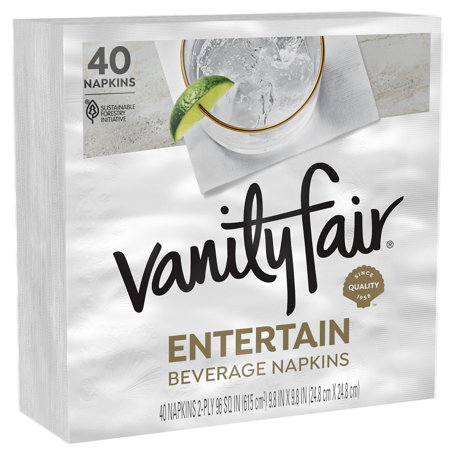 Vanity Fair Entertain Beverage Beverage Napkin, 2-ply, White, 40 Napkins/Pack, 12/Carton (35134)