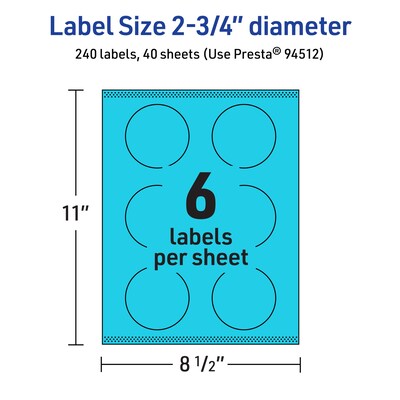 Avery Printable Circle Multipurpose Labels, 2.75" Dia., Bright Blue, 240/Pack (94512)
