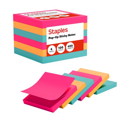 Staples Pop-Up Sticky Notes, 3 x 3, Assorted Colors, 600 Sheets – Dispenser-Ready Notes for Reminders & Office Use